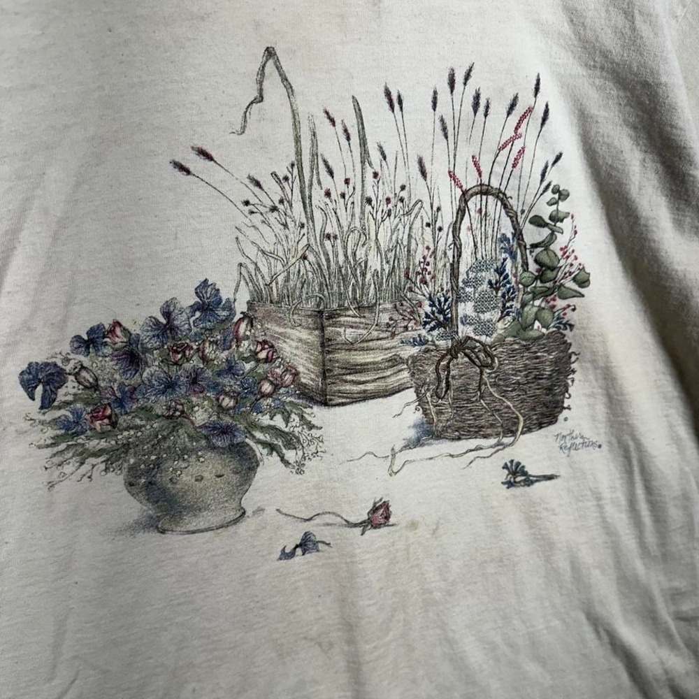 Vintage 90s Northern Reflections cream Embroidered Floral Garden tee shirt Large - Picture 3 of 7